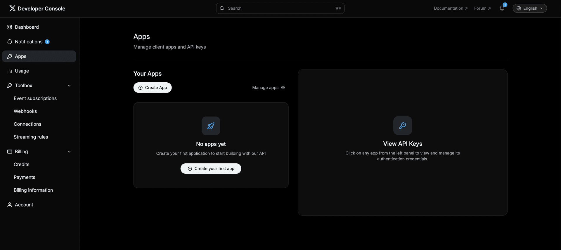 X Developer Portal — Apps page with Create App button