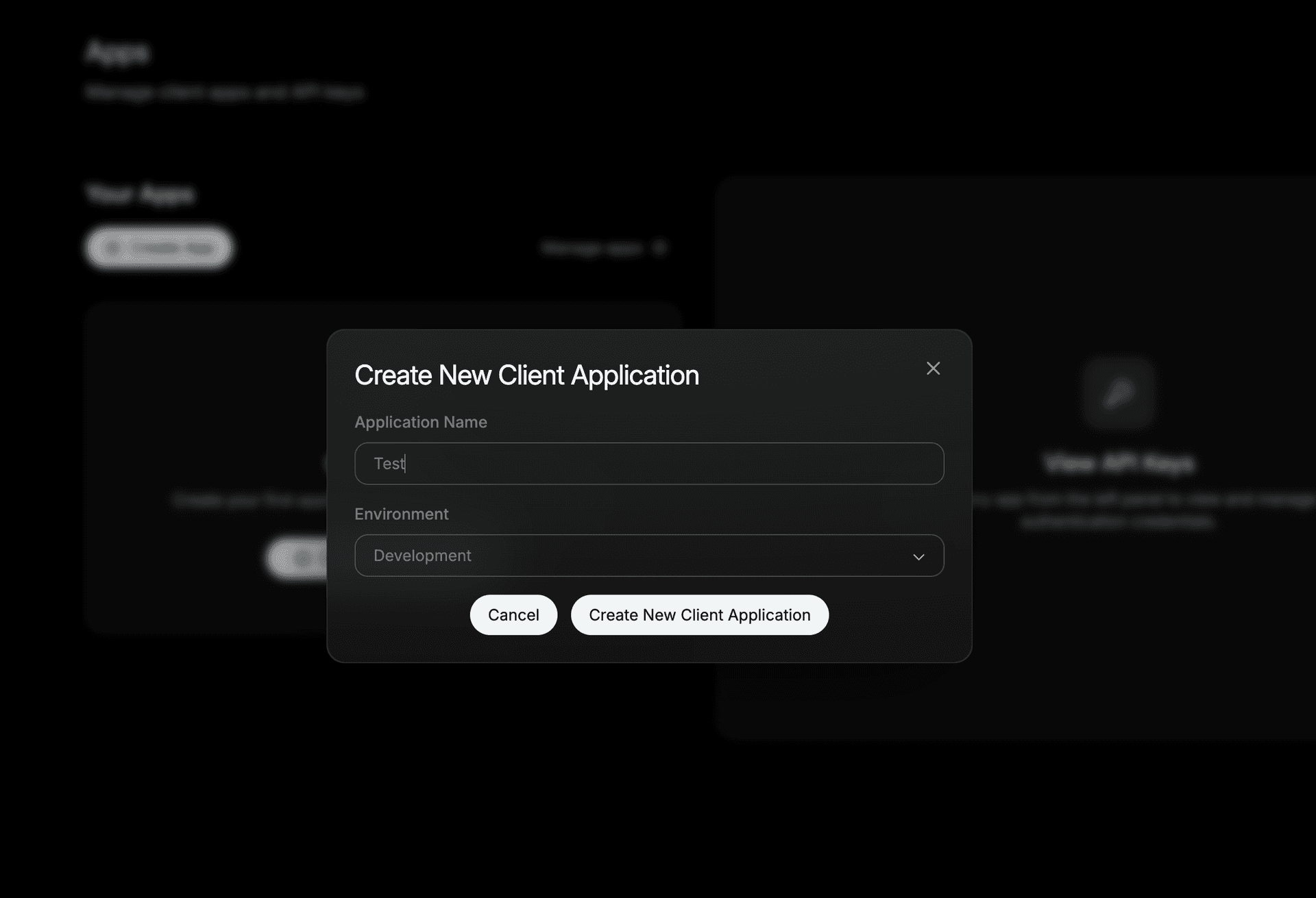Create New Client Application dialog with name and environment fields