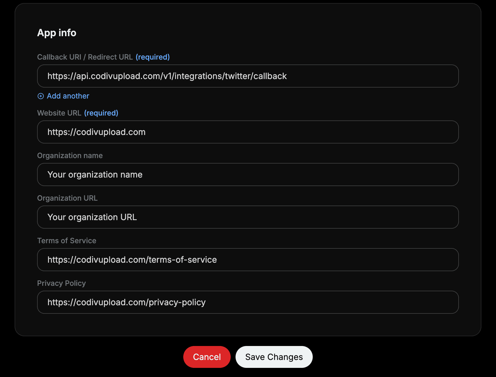 App info form filled with callback URL, website, and policy URLs