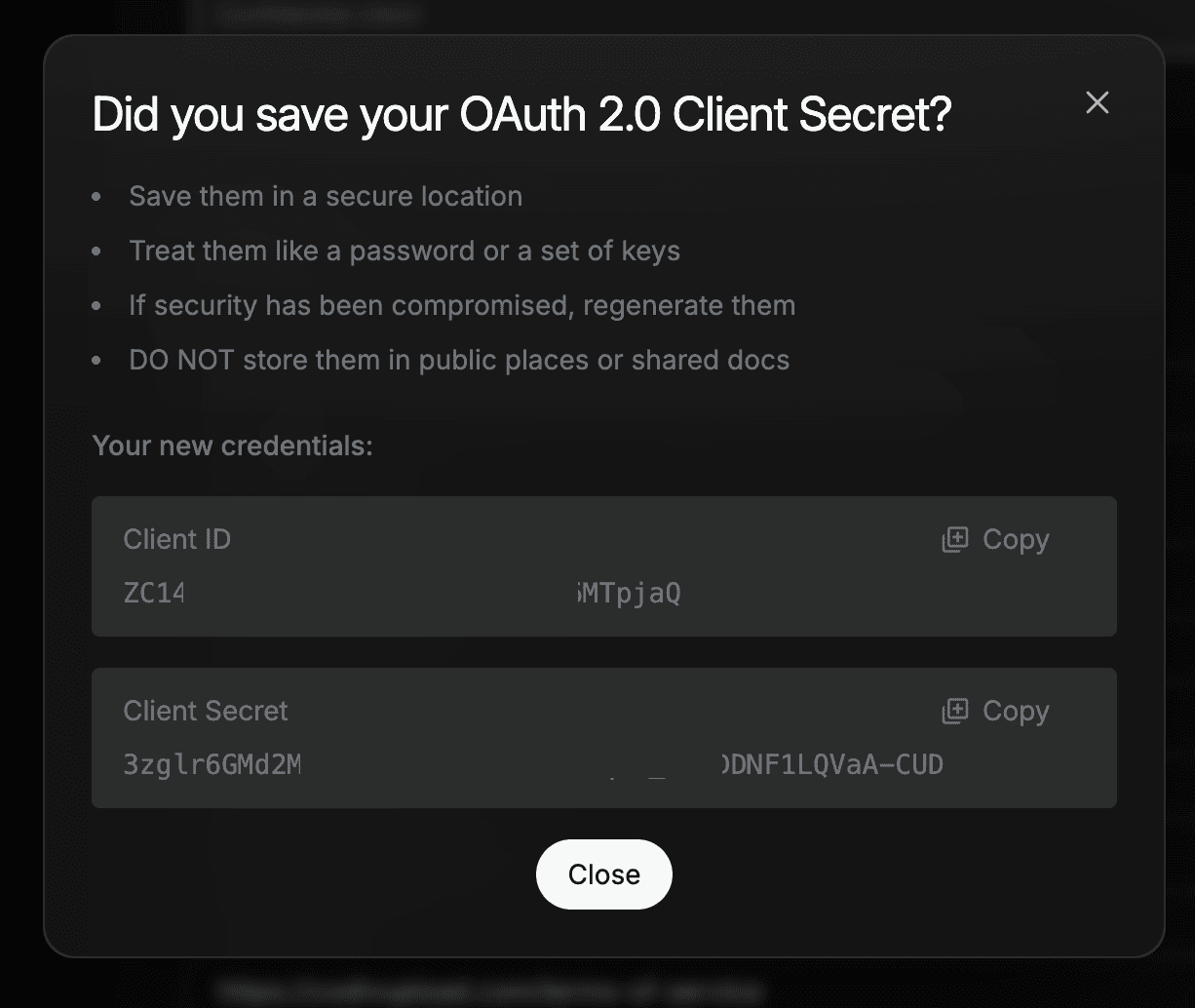 OAuth 2.0 Client ID and Client Secret dialog